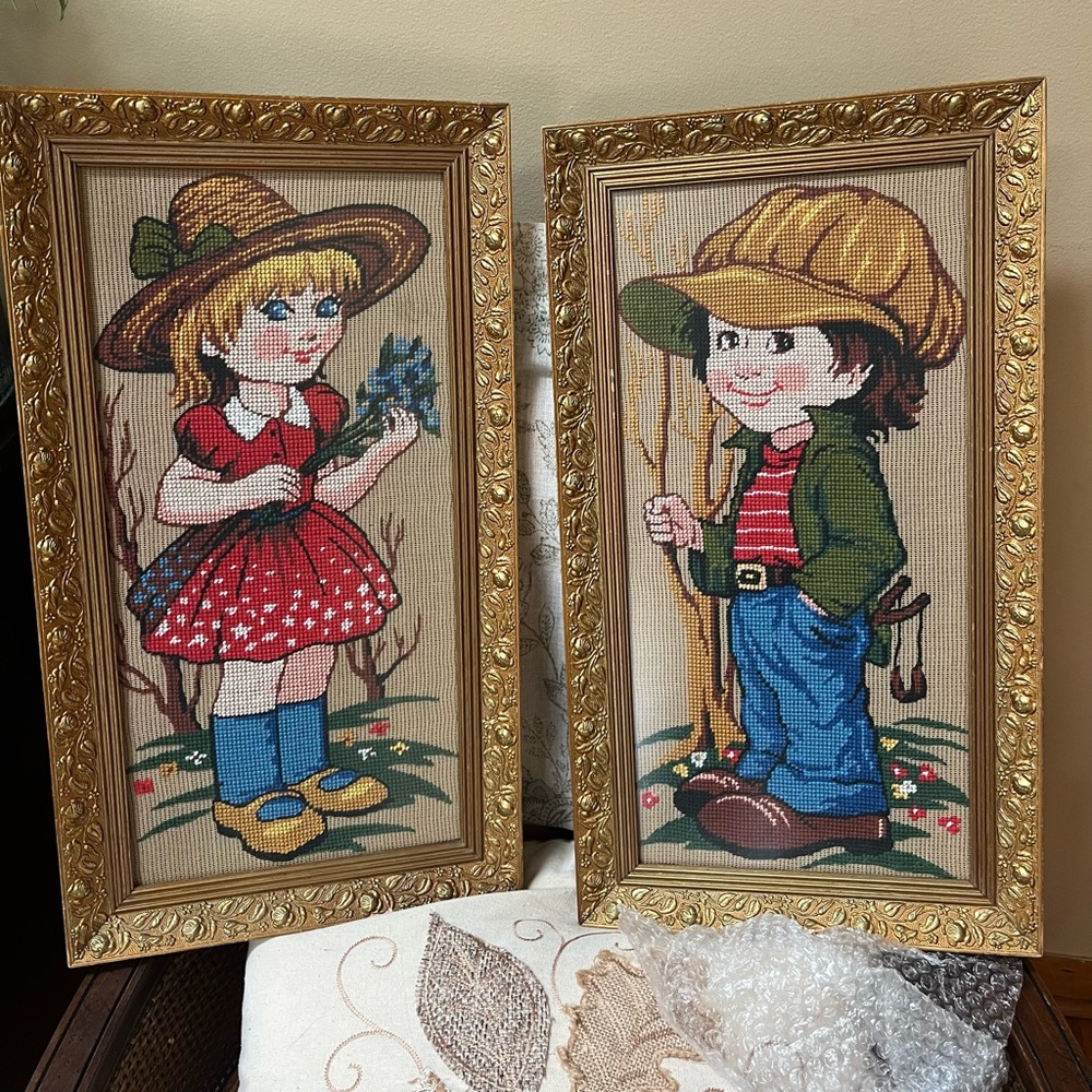 Vintage handmade needlepoint framed wall art